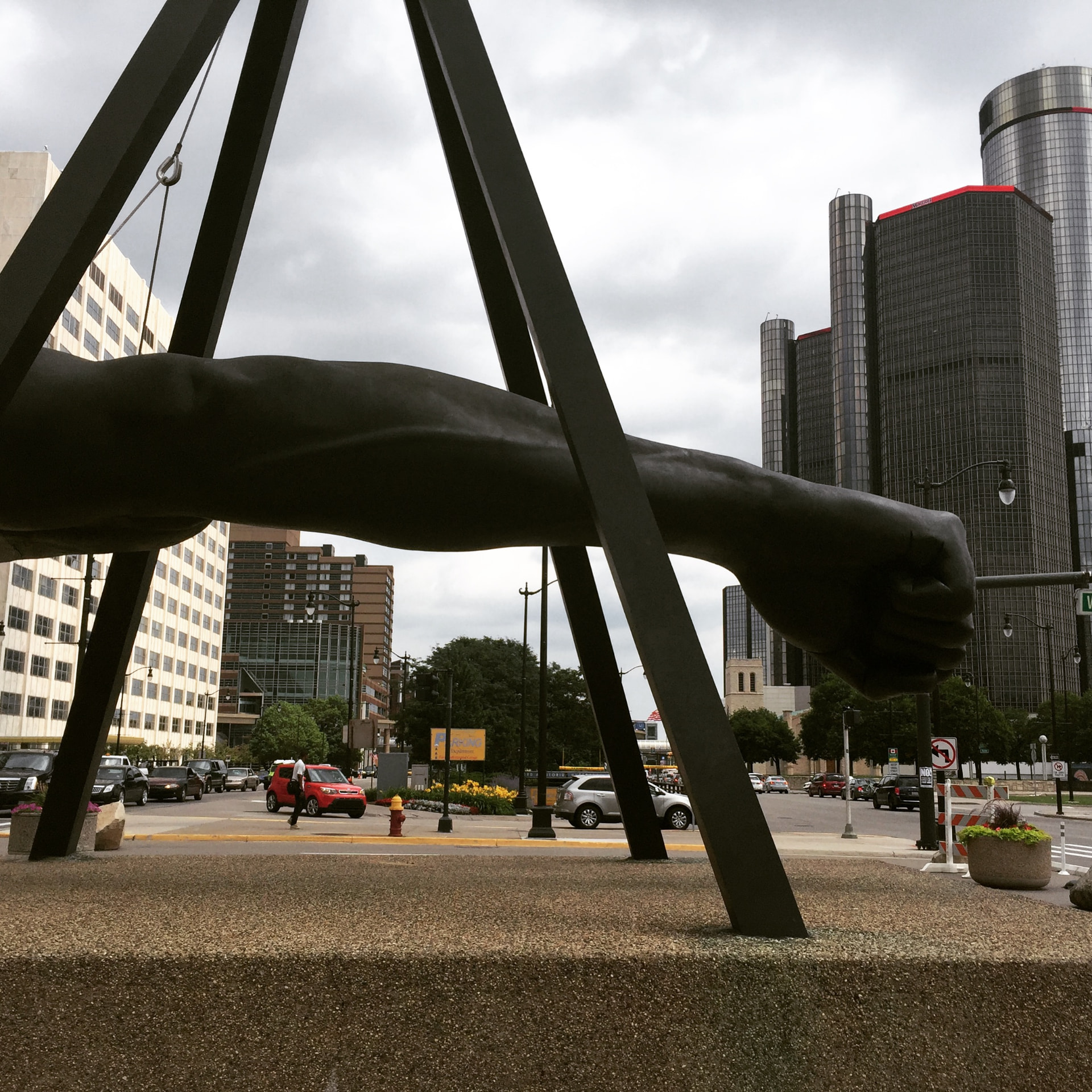 The Joe Louis fist monument in downtown Detroit
